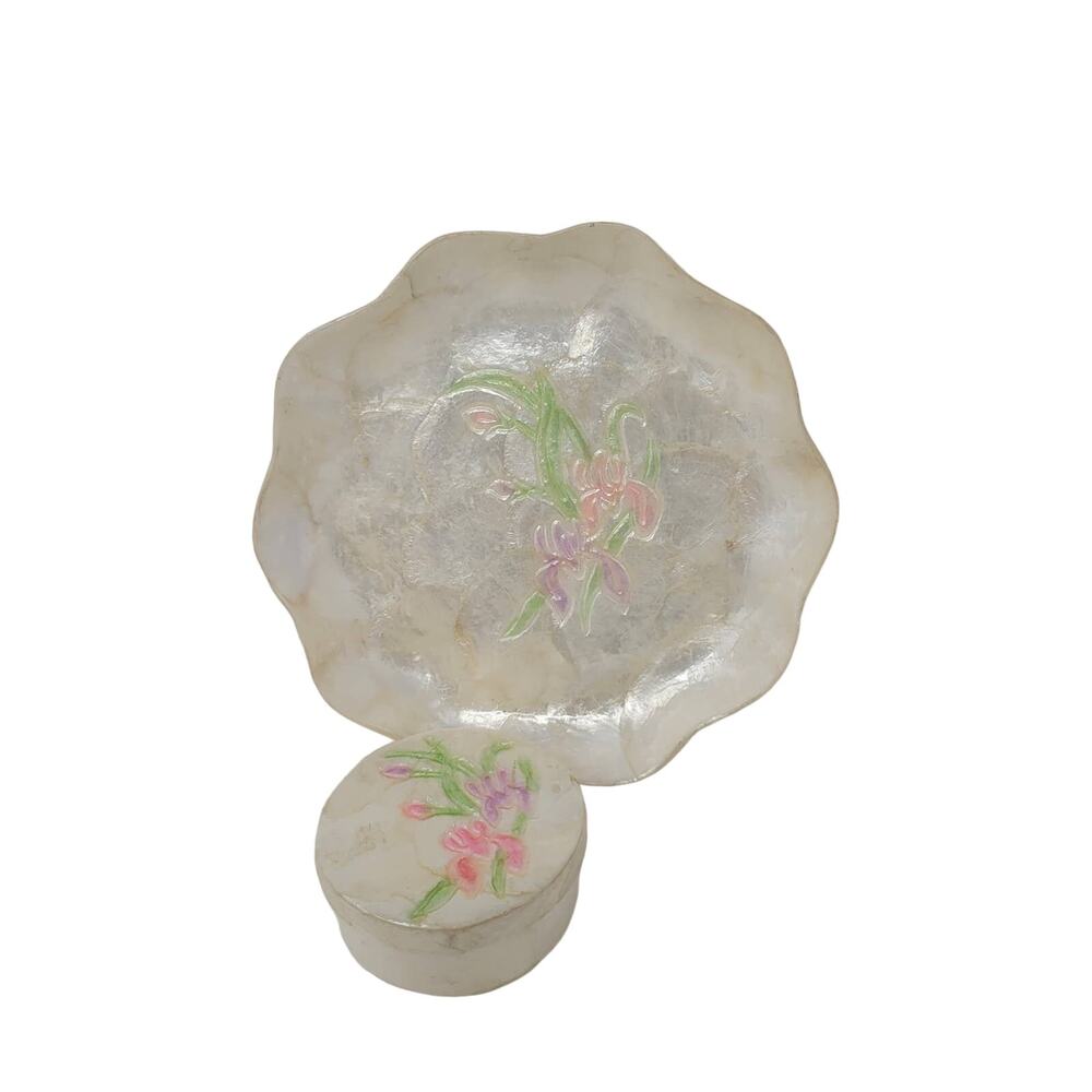 Vintage Capiz Shell Trinket Box Tray Floral Orchid Inlay Scalloped Edge SM CHIP